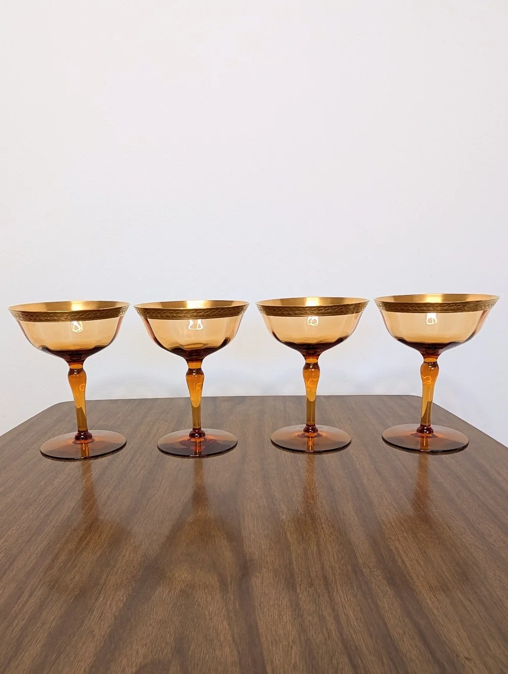 Vintage Amber Glass Gold Rim With Laurel Leaf Pattern Champagne Glasses Set Of 4
